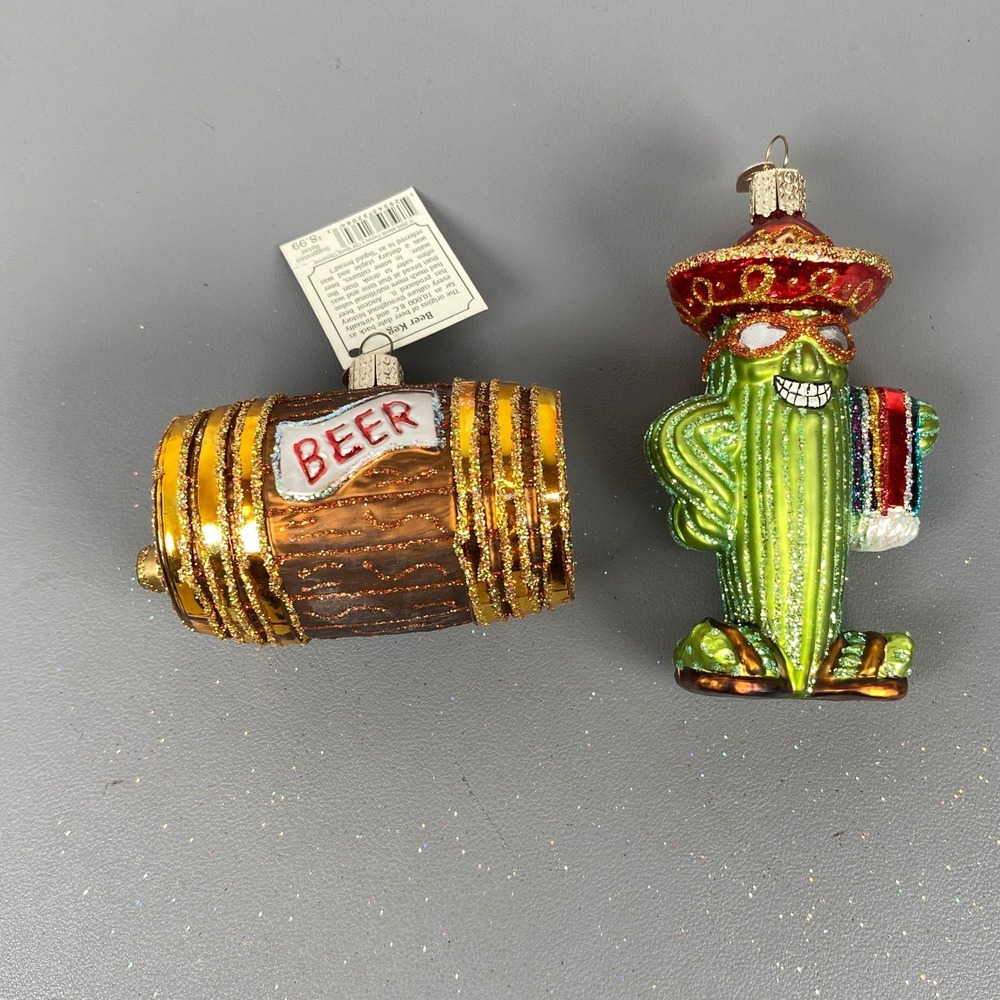 2 Old World Christmas Glass Glitter Holiday Ornaments Beer Keg & Sombrero Cactus